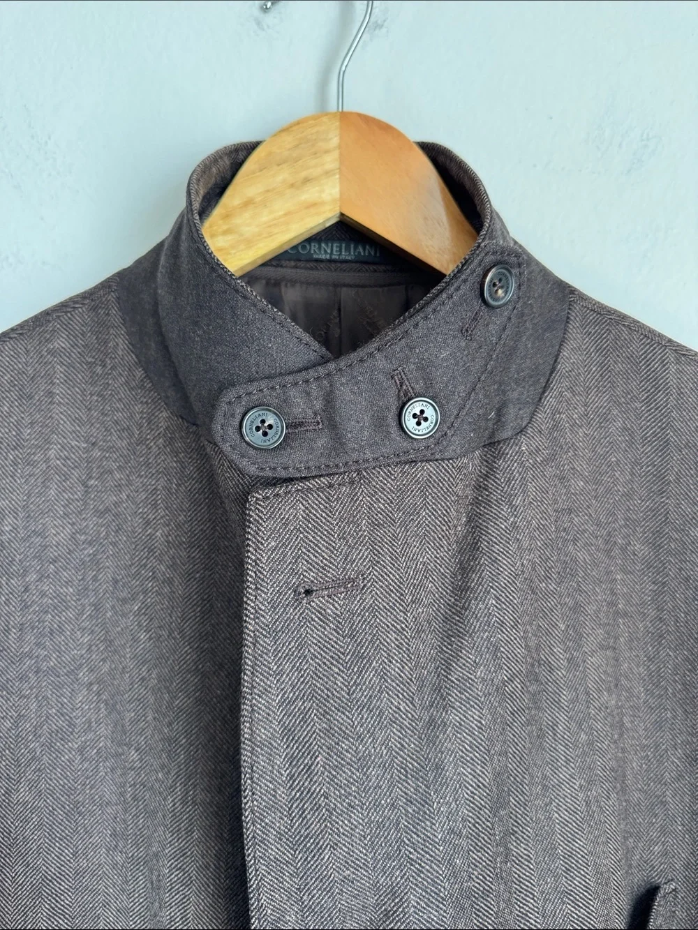 Corneliani ID Men’s Herringbone Blazer 95% wool  5% Cashmere Brown Italy US 46R